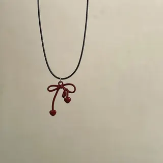 Red Bow Leather Cord Necklace, Alloy Enamel Butterfly Knot Pendant with Rhinestone, French Vintage Chic Choker for Women, 45+5cm Adjustable