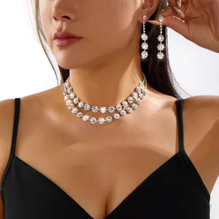Luxury Rhinestone Double Layer Necklace & Tassel Earrings Set, Silver White Copper Base, Bridal Party Jewelry for Women