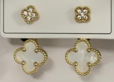 Vintage Four-Leaf Clover Earrings, 18K Gold Plated Alloy with Micro-Paved Zircon & Mother of Pearl, Elegant Luxury Studs