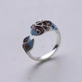 Koi Fish Ring for Women, Gradient Enamel Open Adjustable Ring, Lucky New Chinese Style Silver Tone Jewelry Gift