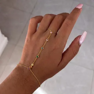 Stainless Steel Finger Chain Bracelet with Rainbow Zircon, 18K Gold Plated Hand Chain, Minimalist Boho Jewelry for Women, Adjustable 17+5cm