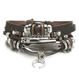 Men's Bohemian Multi-Layer Leather Bracelet with Feather & Open Ring Charm, Vintage Silver Beads Woven Wrap Cuff, Adjustable 16-28cm (6.29-11.02in) Street Style Jewelry Gift