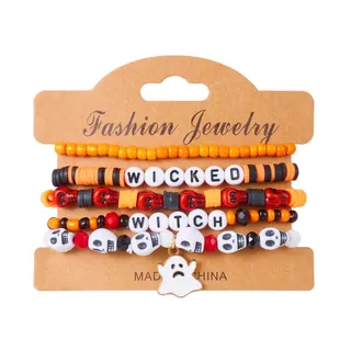 Halloween Pumpkin Ghost Beaded Bracelet Set of 6 - Soft Clay Crystal Skull Bat SPOOKY HALLOWEEN Letter Beads, 18cm Stretch Party Gift Jewelry