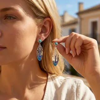 Boho Tropical Palm Tree Earrings - Turquoise Enamel Hollow Drop Earrings in White Gold Tone, Summer Beach Vacation Jewelry for Women