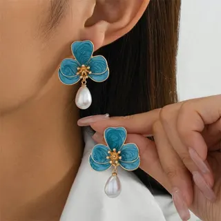 French Vintage Blue Enamel Flower Earrings, 18K Gold Plated Alloy Four-Petal Bloom with Pearl Drop Dangle, Irregular Statement Earrings for Women