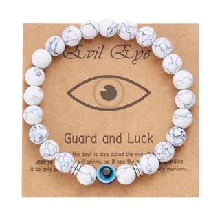 Purple Evil Eye Bracelet 8mm Glass Beads Elastic String Lucky Charm Guard Bracelet with Alloy Spacers and Resin Eye Bead, Boho Protective Jewelry Gift with Card