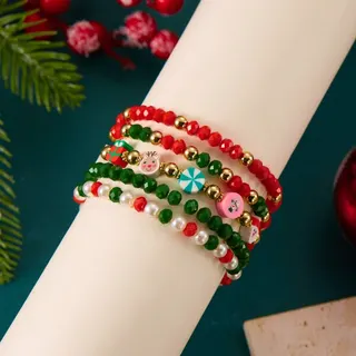 Christmas Beaded Bracelet Set for Women - HOHOHO Letter Crystal Rice Bead Multi-Strand Bracelet, Red Green Gift Box & Santa Cartoon Charm, 18cm Holiday Gift for Friends