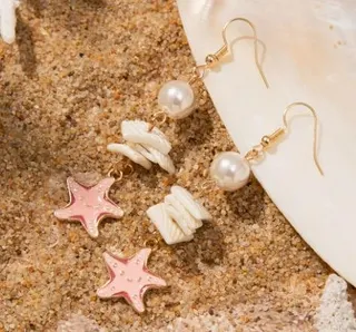 Seashell Starfish Pearl Drop Earrings - Gold Plated Alloy & Resin Pearl, Ocean Beach Vacation Style, Long Dangle Earrings for Women, 5x4cm