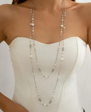 White Gold Tone Imitation Pearl Layered Long Chain Necklace, Double Strand Openwork Beaded Sweater Chain 80cm/100cm, Elegant French Vintage Wedding Dress Accessory