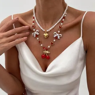 Sweet Double Layer Pearl Necklace for Women 18K Gold Plated Heart Cherry Bow Pendant Layered Choker Chain Gift