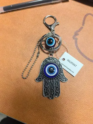 Evil Eye Hamsa Hand Keychain Charm, Blue Alloy & Resin, Boho Vintage Filigree Tassel Keychain, Protective Amulet Bag Pendant, 1pc
