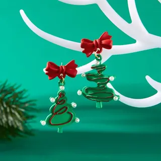 Christmas Tree Bow Asymmetric Dangle Earrings - Resin Alloy with Faux Pearl, Red Green Festive Sweet Drop Earrings for Women, Holiday Gift Jewelry