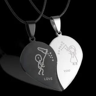 Love You Stainless Steel Couple Pendant Necklace Set - Black & Silver Heart Dangle with Boy Girl Dandelion Engraving, Hypoallergenic Tarnish-Free, Valentine Gift for Her & Him