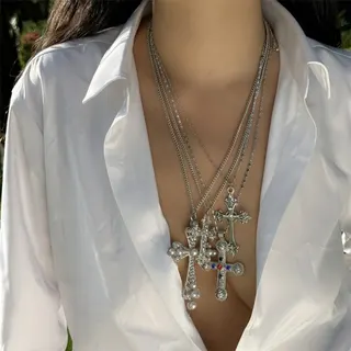 Statement Rhinestone Cross Multi-Layer Necklace Set, 4-Piece Alloy Long Chain with Micro-Paved Crystals & Pearl Accents, Vintage Gothic Layered Pendant Necklace for Women, Silver, 59+5cm