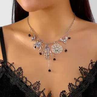 Halloween Skull Hand Spider Web Tassel Necklace, Gothic Dark Alloy Silver-Plated Pendant Choker Chain, Adjustable 38+5cm, Party Cosplay Jewelry for Women