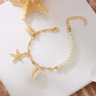 Ocean Beach Shell Starfish Pearl Bracelet for Women, 18K Gold Plated Alloy with Freshwater Pearls & Shell Charm, Adjustable 16+5cm, Boho Vacation Jewelry Gift