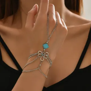 Vintage Turquoise Finger Wrap Bracelet, Silver Hollow Flower Chain Hand Cuff with Natural Stone Bead, Bohemian Multi-Way Wrap Jewelry for Women