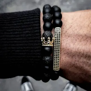 Men's Beaded Bracelet Set 2pcs Black Lava Stone & Sandstone Beads with Gold Crown & Bar Zircon Clasp Street Hip-Hop Style 18.5-19.5cm