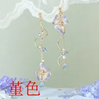 Asymmetric Ginkgo Flower Drop Earrings, Lilac Enamel & 18K Gold Plated Alloy, Long Tassel with Blue Crystal & Pearl, French Vintage Boho Ear Jewelry for Women