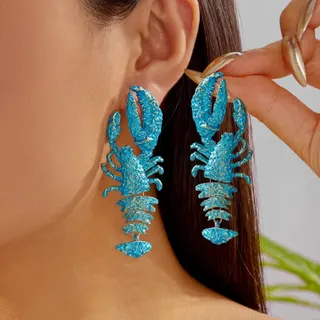Red Lobster Statement Earrings - Exaggerated Chunky Dangle Hoops, Alloy Vacuum Plated, 7x3cm Beach Vacation Party Jewelry, 1 Pair