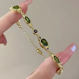 Vintage Green Purple Color-Block Zircon Bracelet for Women, 18K Gold Plated Alloy, Hand-Set Micro-Pavé, Adjustable 16+5cm Chain, Elegant Fashion Jewelry Gift