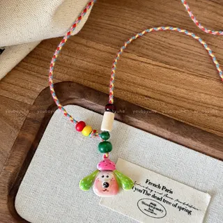 Colorful Cartoon Puppy Necklace - Dopamine Girl Style Alloy Hand-Painted Charm with Rainbow Braided Cord & Beads, ~50cm Cute Statement Pendant for Women
