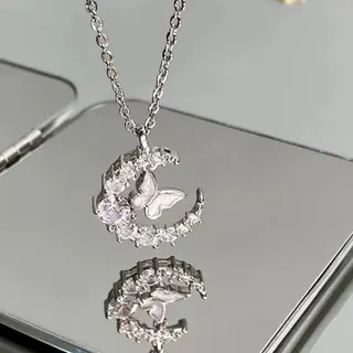 Moon Butterfly Necklace for Women, Silver Alloy Crystal Pendant Chain, Adjustable 40+5cm Clavicle Chain, Elegant Gift for Her