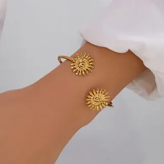 Sunburst Open Cuff Bracelet - 18K Gold Plated Stainless Steel, Boho Retro Sun Design, Adjustable Bangle for Women, Hypoallergenic & Tarnish Free
