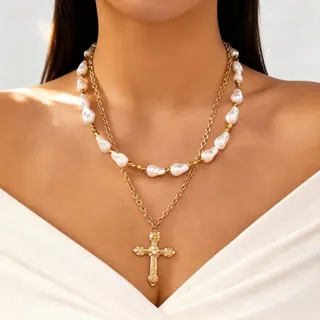 Gold Cross Pendant Necklace Set - Baroque Pearl Layered Chain with Rhinestone CCB Cross, 48+5cm, 2-Piece Jewelry Gift for Women