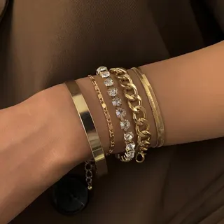 5-Piece Bracelet Set White Gold Alloy with Rhinestone, Claw-Set Chain & Bangle Stack, Polished Minimalist Jewelry Gift for Women