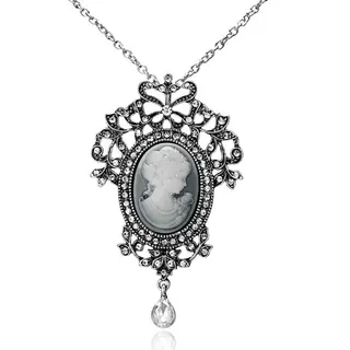 Vintage Cameo Necklace Women, Retro Resin Portrait Pendant with Rhinestone Filigree Frame, Silver Tone Long Sweater Chain 60+5cm Adjustable
