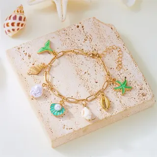 Ocean Starfish Shell Pearl Charm Bracelet - Mermaid Tail Enamel 18K Gold Plated Alloy Beaded Chain Wristband for Women Girls, Beach Vacation Jewelry 17+5cm