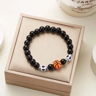 Soccer Football Beaded Stretch Bracelet, 1.2cm Resin Round Beads with Heart Charm, Sporty Casual Jewelry Gift for Fans, 18cm Elastic