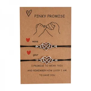 Pinky Promise Couple Bracelet Set - 8-Figure Infinity Heart Charm, Adjustable Waxed Cord Braided Bracelets (16-30cm), Alloy Silver Plated, 2 Pcs with Kraft Card Gift Packaging, Valentine's Day Gift for Her & Him