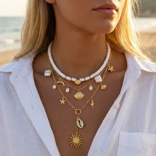 Boho Beach Necklace Set - Sun Starfish Shell Pearl Ceramic Multi-Layer Layered Long Necklace, Gold Plated Alloy, 3-Piece Ocean Charm Pendant for Summer Vacation