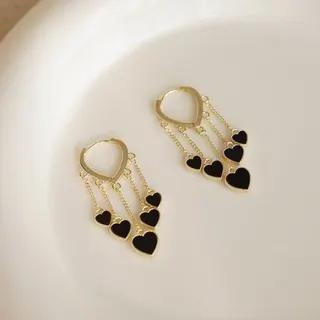 Gold Heart Dangle Earrings - Black Enamel Love Charm Tassel Ear Clips, 18K Gold Plated Alloy, Long Statement Dainty Earrings for Women