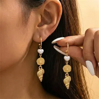 Summer Tropical Coconut Palm Shell Starfish Hoop Earrings, Gold Alloy Dangle Earrings, Boho Beach Ocean Style Jewelry for Women