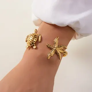 Ocean Series Stainless Steel Gold Ring Bracelet - 3D Sea Turtle & Starfish Open Bangle, Hypoallergenic 18K Gold Plated Beach Vacation Jewelry