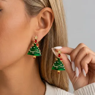 Christmas Tree Earrings for Women, 18K Gold Plated Alloy with Rhinestone Star & Pearl Beads, Festive Dangle Earrings, 1 Pair
