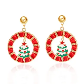 Christmas Tree Earrings, 18K Gold Plated Alloy with Red Enamel Wreath & Tree Charm, Holiday Dangle Earrings 4.5x6.5cm, Gift Pair