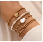 French Chic Heart Pearl Beaded Bracelet Set of 4 - 18K Gold Plated Alloy Chain with Oval Pearl & Heart Charm, Layering Stackable Bracelets for Women