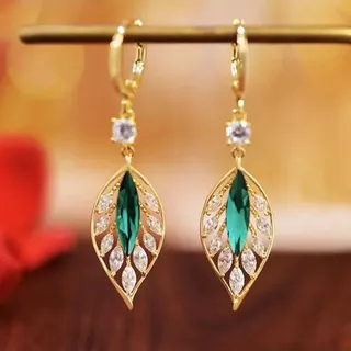 Luxury Leaf Drop Dangle Earrings Women 18K Gold Plated Hollow Micro-Paved Rhinestone Green Marquise Center Stone Elegant Long Earrings 4cm Pair