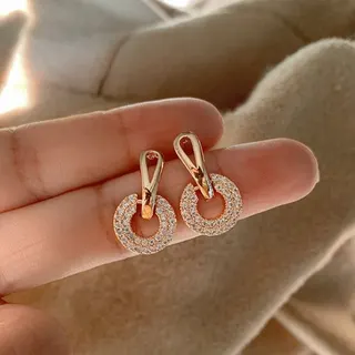 Rose Gold Geometric Circle Hoop Earrings, Paved Rhinestone C-Shape Stud Earrings for Women, Lightweight Alloy 18K Gold Plated, Pair