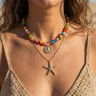 Boho Beach Necklace Set - Colorful Beaded Shell & Gold Starfish Pendant Layered Necklace, 18K Gold Plated Alloy, Ocean Vacation Jewelry 45+5cm