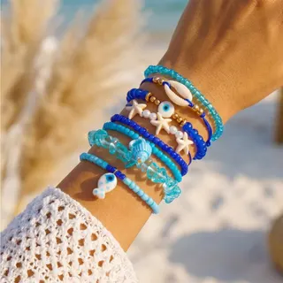 Ocean Blue Beaded Bracelet Set of 8 - Fish Shell Starfish Conch Evil Eye Charm Bracelets, Boho Beach Vacation Stackable Bracelets for Women, 18cm