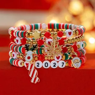 Christmas Beaded Bracelet Set of 5 - Snowflake Snowman Candy Cane Santa Charm, Red Green White Clay Beads with Crystal & 18K Gold Plated Alloy, 18cm Holiday Gift for Women Girls