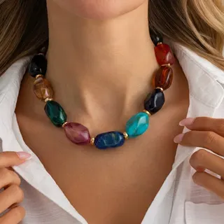 Vintage Multicolor Geometric Beaded Necklace - Acrylic Chunky Collar Chain with Gold Spacers, Adjustable 42+5cm, Boho Statement Jewelry for Women
