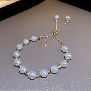 White Pearl Bead Bracelet Adjustable Slide Clasp, Gold-Plated Alloy Spacer Beads, Elegant French Vintage Stretch Bracelet for Women, 16-26cm Gift