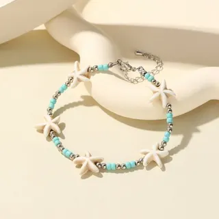 Starfish Beaded Bracelet for Women - Ocean Vacation Shell Charm Bracelet with Blue Beads & Silver Alloy, Adjustable 16+5cm Boho Beach Jewelry