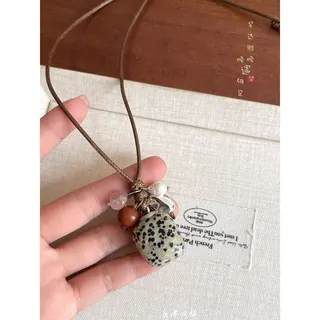 Natural Tiger Eye Stone Long Pendant Necklace - Handmade Beaded Leather Cord, Vintage Boho French Style, Approx 60cm, Unique Speckled Stone Charm for Women